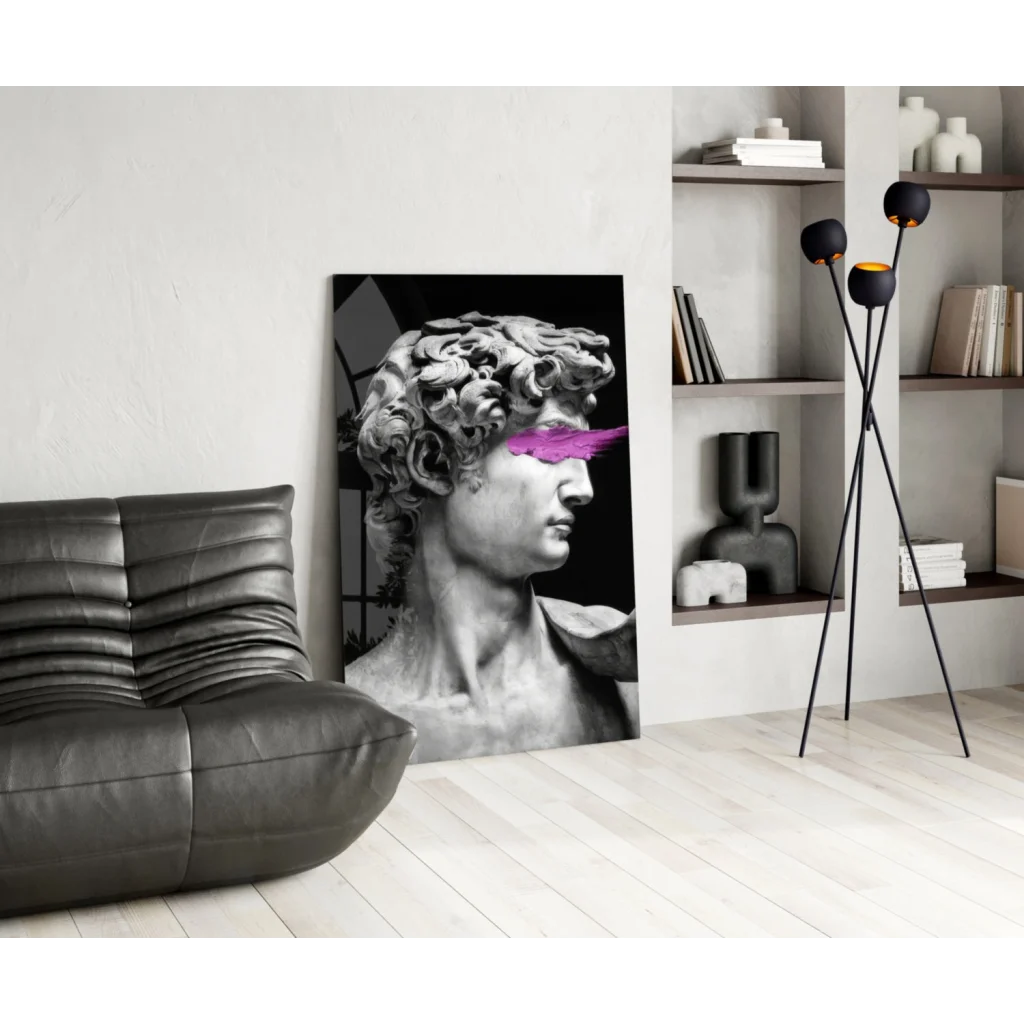 Black-and-white David statue canvas wall art with pink eye streak