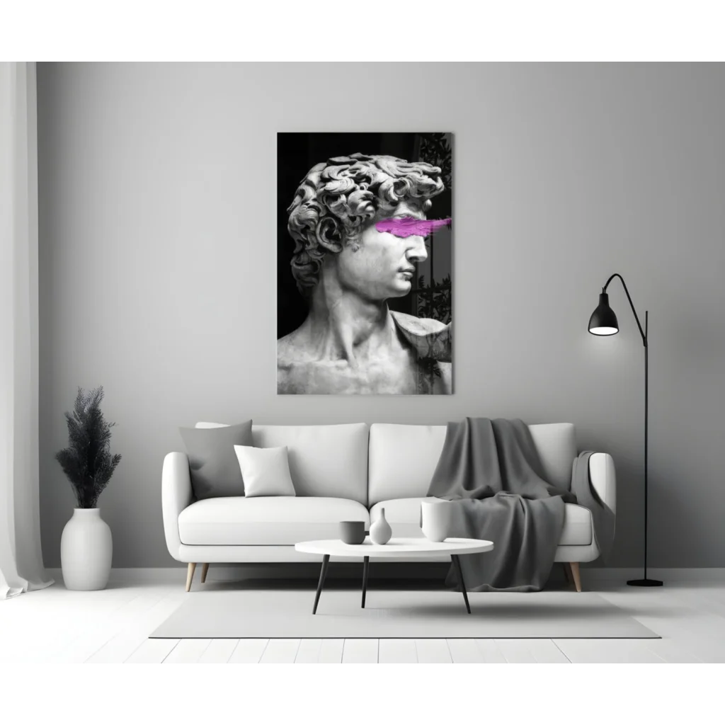 Black-and-white David statue canvas wall art with pink eye stripe