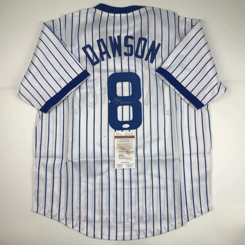 White pinstriped custom baseball jersey with blue trim and Dawson’s signature, perfect for sports fans