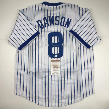 White pinstriped custom baseball jersey with blue trim and Dawson’s signature, perfect for sports fans