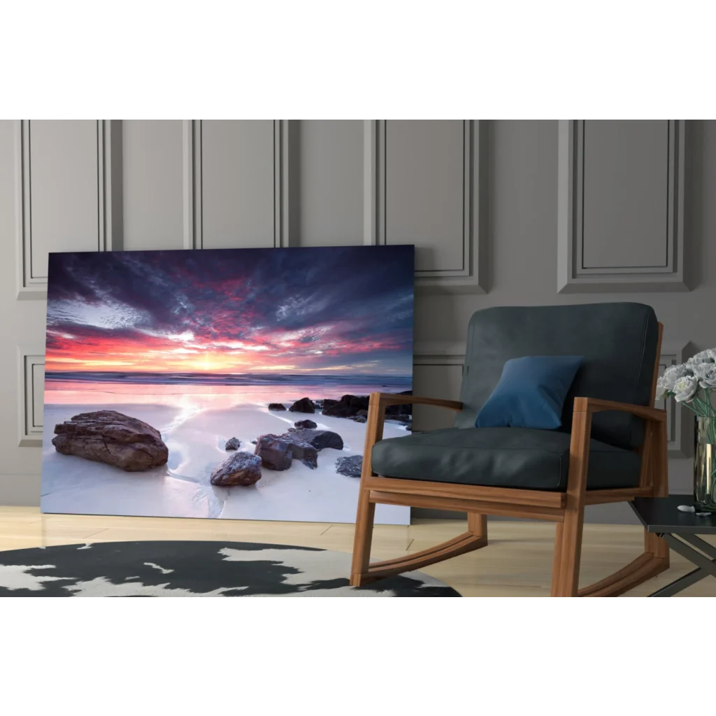 Vibrant sunset beach wall art canvas with purple skies on wet sand