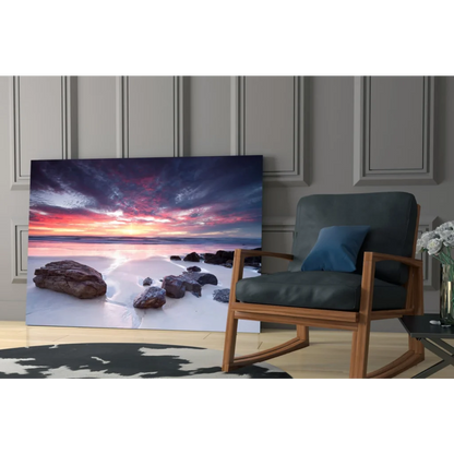 Vibrant sunset beach wall art canvas with purple skies on wet sand