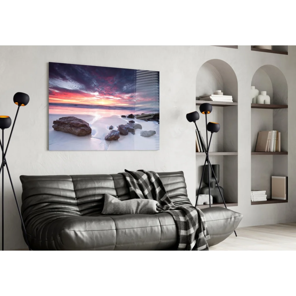Vibrant sunset beach wall art canvas with purple skies on white wall