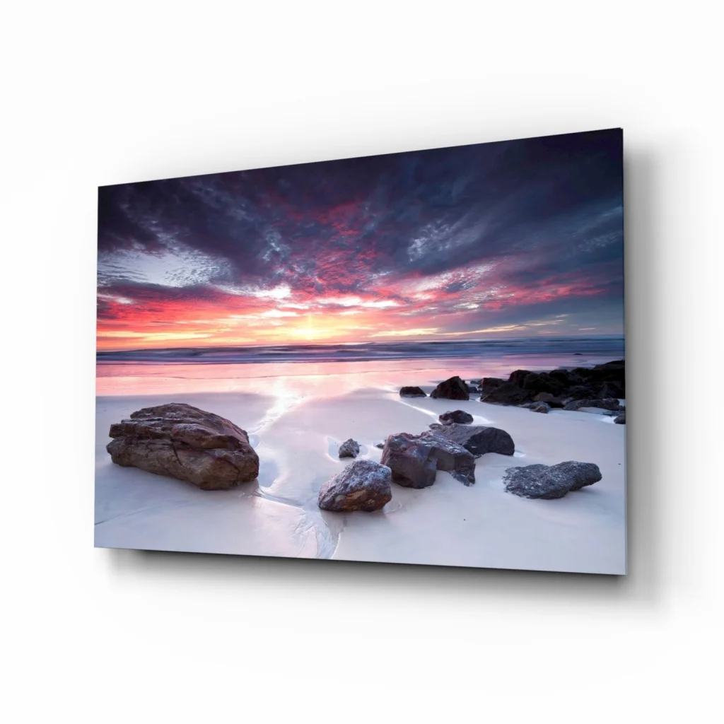 Vibrant beach sunset canvas wall art with pink orange purple skies on wet sand