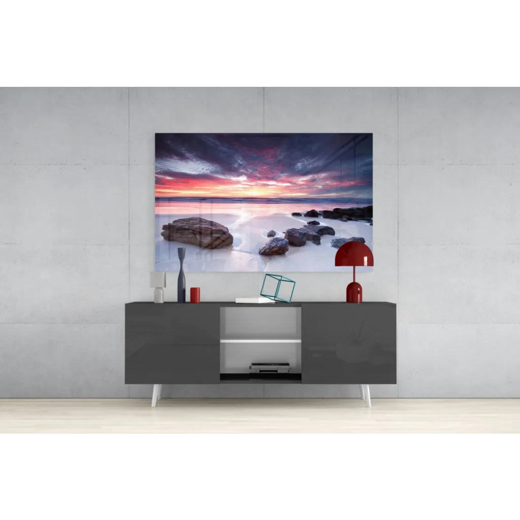 Vibrant sunset beach canvas wall art with purple skies on wet rocks