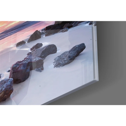 Framed sunset beach glass wall art with rocks and purple skies