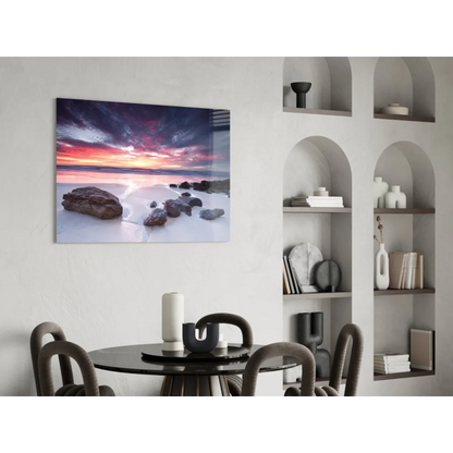 Vibrant sunset beach on sleek glass wall art panel with purple skies