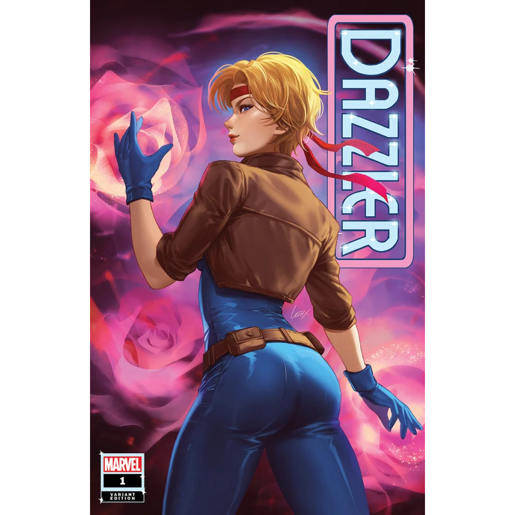 Comic book cover featuring Dazzler in a blue jumpsuit and brown jacket from Unknown Comics exclusive Leirix variant