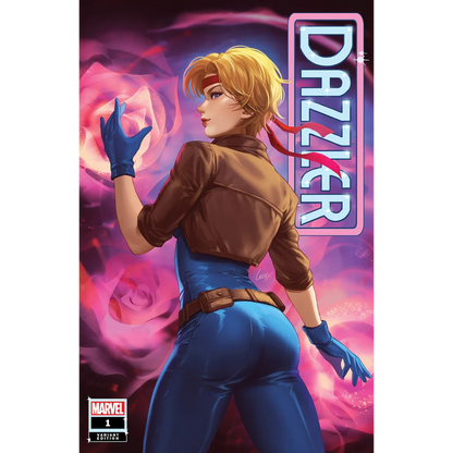 Comic book cover featuring Dazzler in a blue jumpsuit and brown jacket from Unknown Comics exclusive Leirix variant