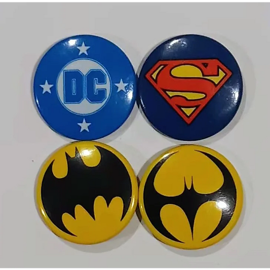 Vibrant glossy DC superhero buttons with Batman and Superman logos