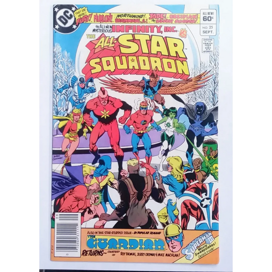 Vibrant 1980s DC Comics All-Star Squadron #25 cover with action heroes