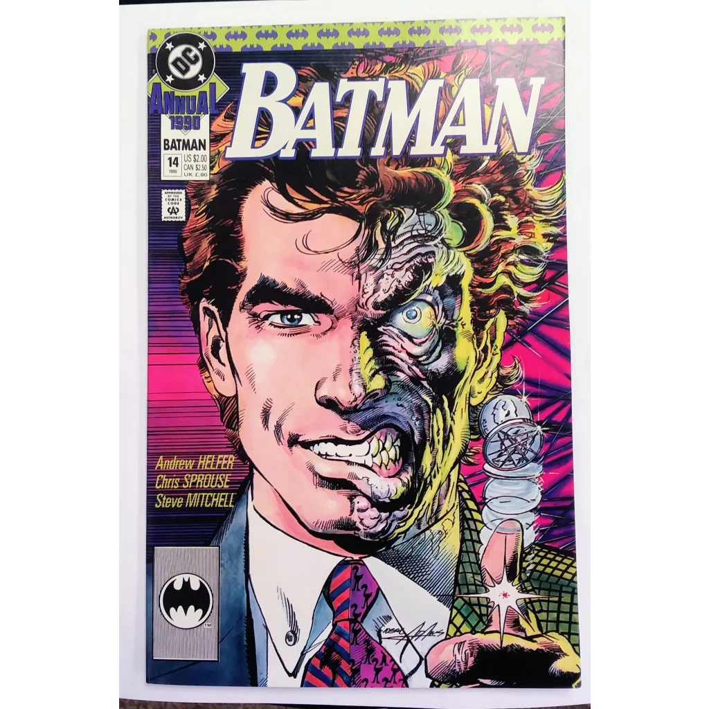 Batman Annual #14 cover: hero vs villain split in bold purple and blue