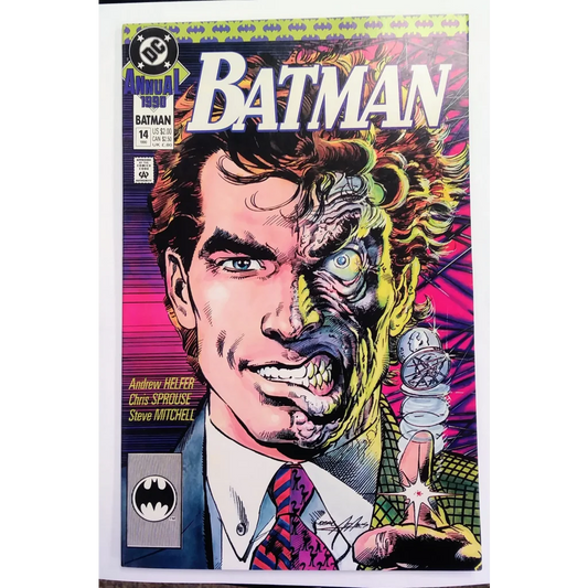 Batman Annual #14 cover: hero vs villain split in bold purple and blue