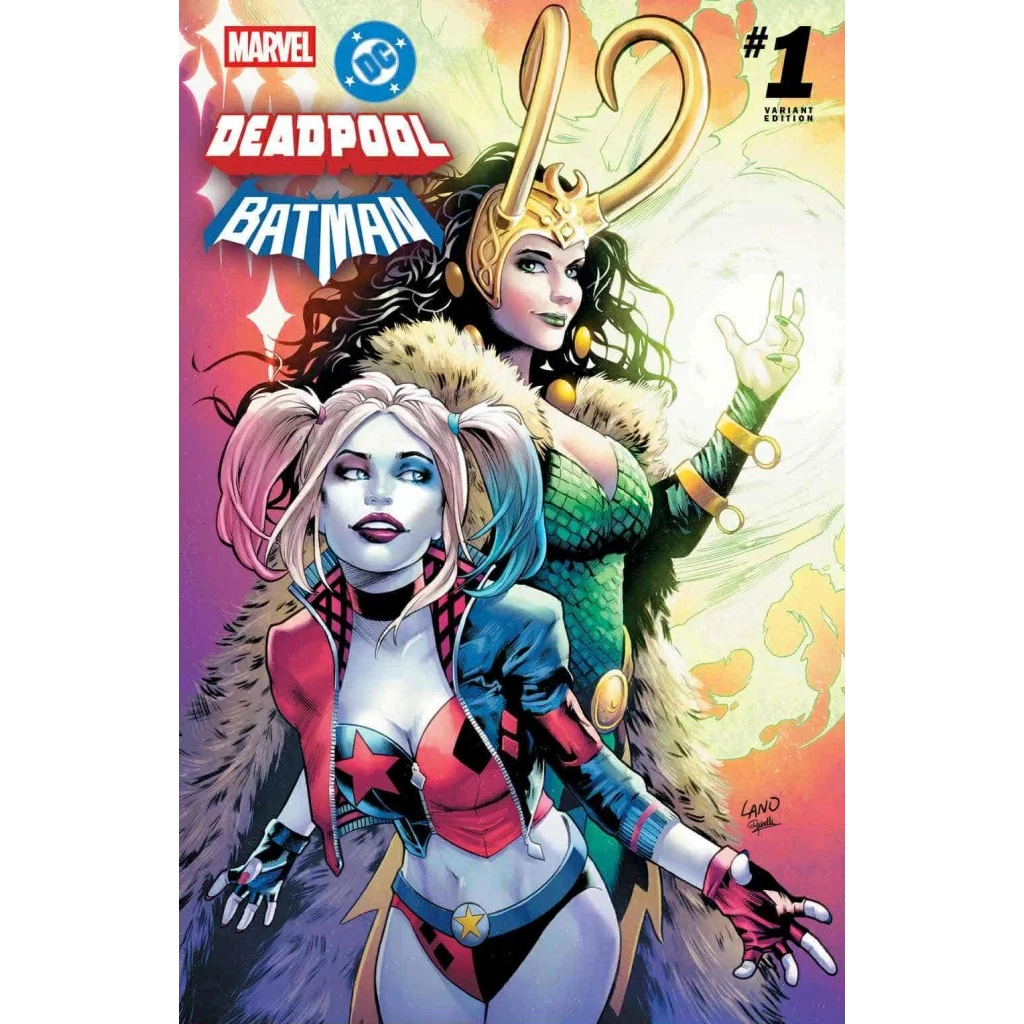 Deadpool Batman Greg Land exclusive var comic cover with Harley Quinn