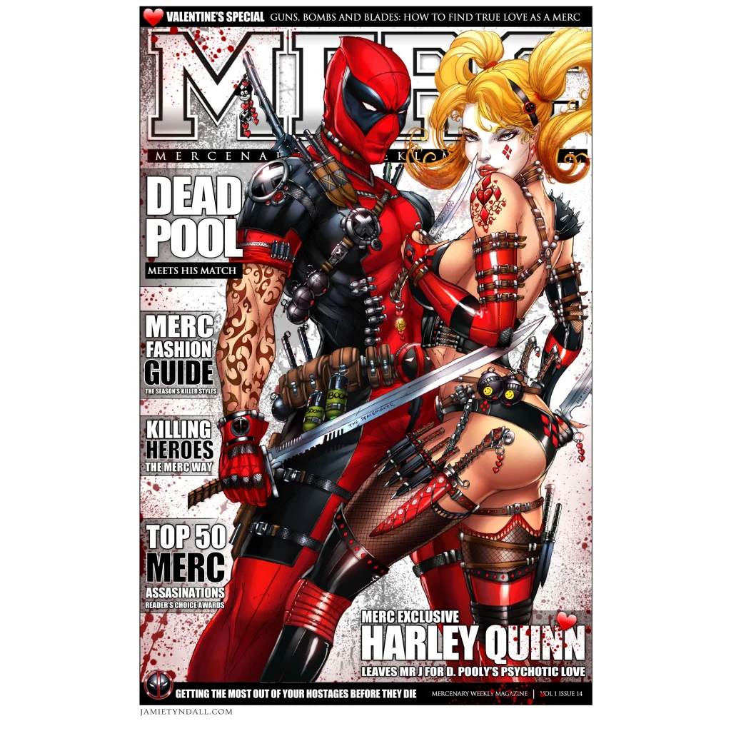 Red and black Deadpool comic cover on brushed aluminum print
