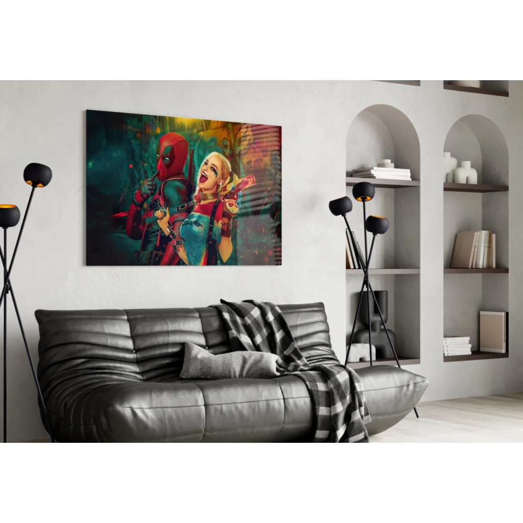 Vibrant Deadpool and Harley Quinn pop art canvas wall art with graffiti backdrop