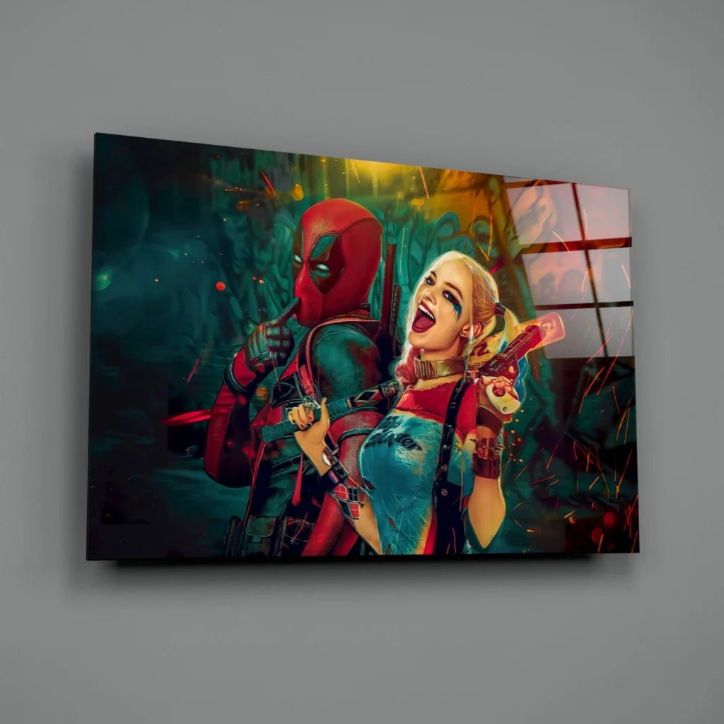 Vibrant Deadpool and Harley Quinn canvas wall art with bold graffiti print