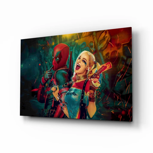 Vibrant Deadpool and Harley Quinn comic graffiti wall art print