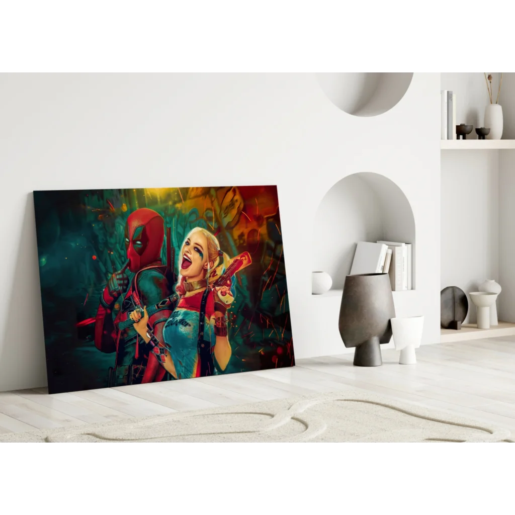 Vibrant Deadpool and Harley Quinn comic graffiti wall art print