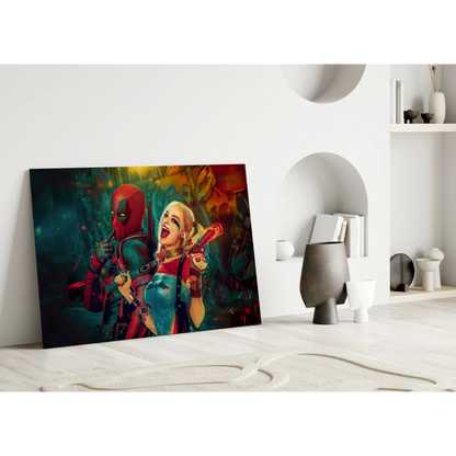 Vibrant Deadpool and Harley Quinn comic graffiti wall art print