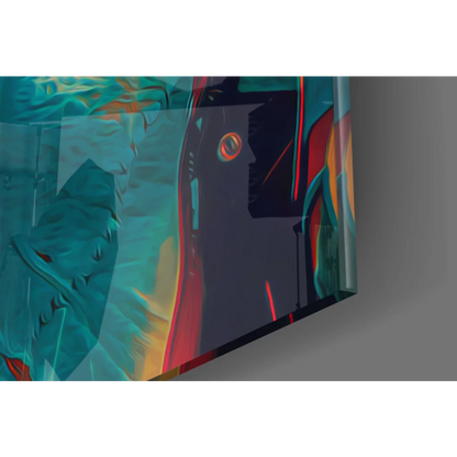 Vibrant Deadpool Harley Quinn comic glass wall art in teal, red, orange hues