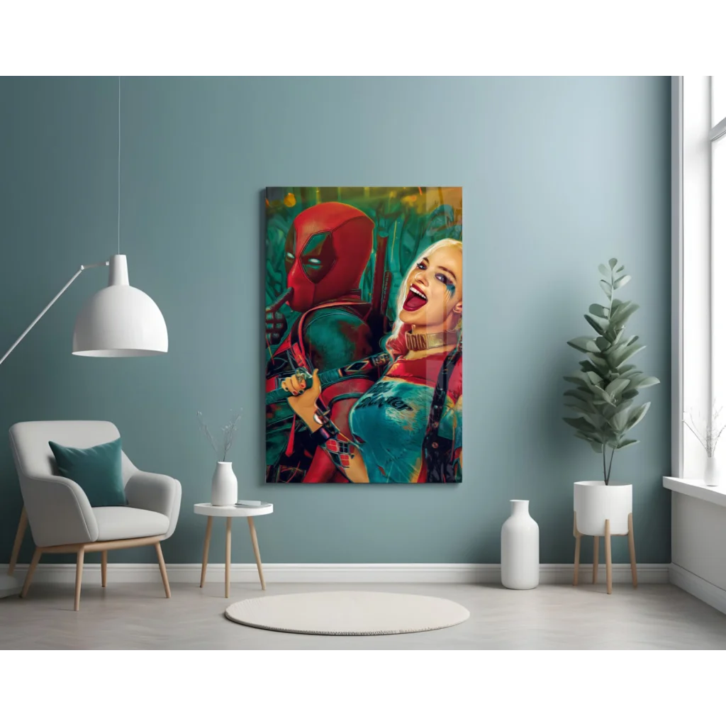 Vibrant Deadpool and Harley Quinn pop-art glass wall art print