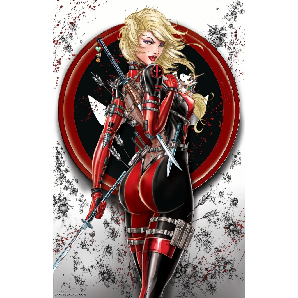 Deadpool Lady Warrior in red black armor with blonde hair, swords and arrows on brushed aluminum print
