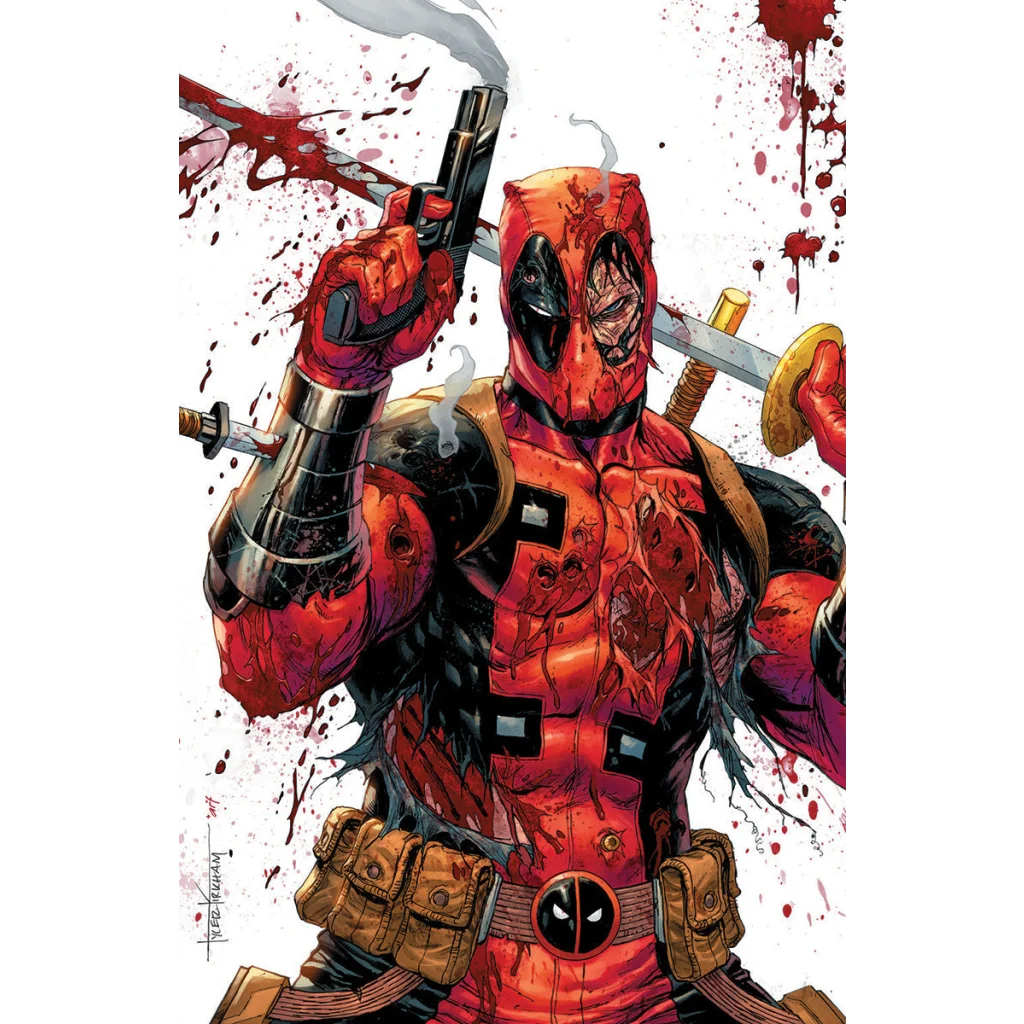 Bloodied Deadpool Tyler Kirkham Exclusive Virgin Variant Comic with torn suit and weapons