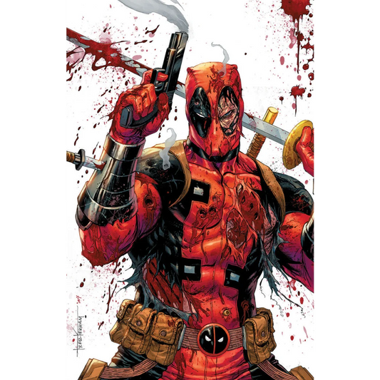 Bloodied Deadpool Tyler Kirkham Exclusive Virgin Variant Comic with torn suit and weapons