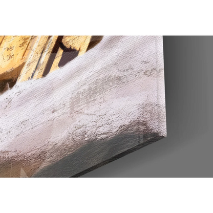 Deadpool Wolverine canvas wall art print of golden-yellow structure in snowy landscape