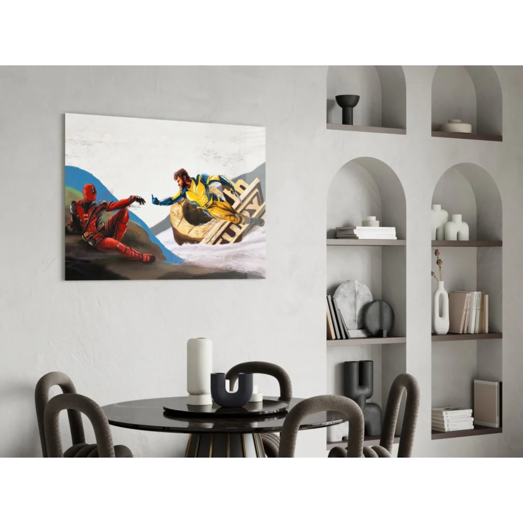 Deadpool and Wolverine comic action canvas wall art print on white wall