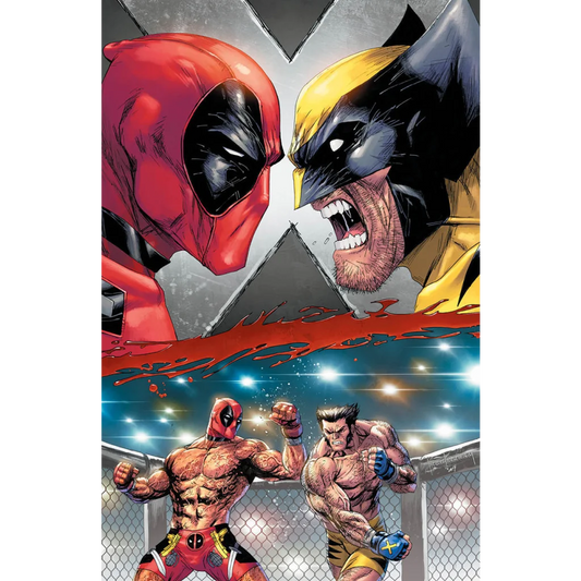 Comic book cover with Deadpool and Wolverine face-off in MMA cage fight by Tyler Kirkham