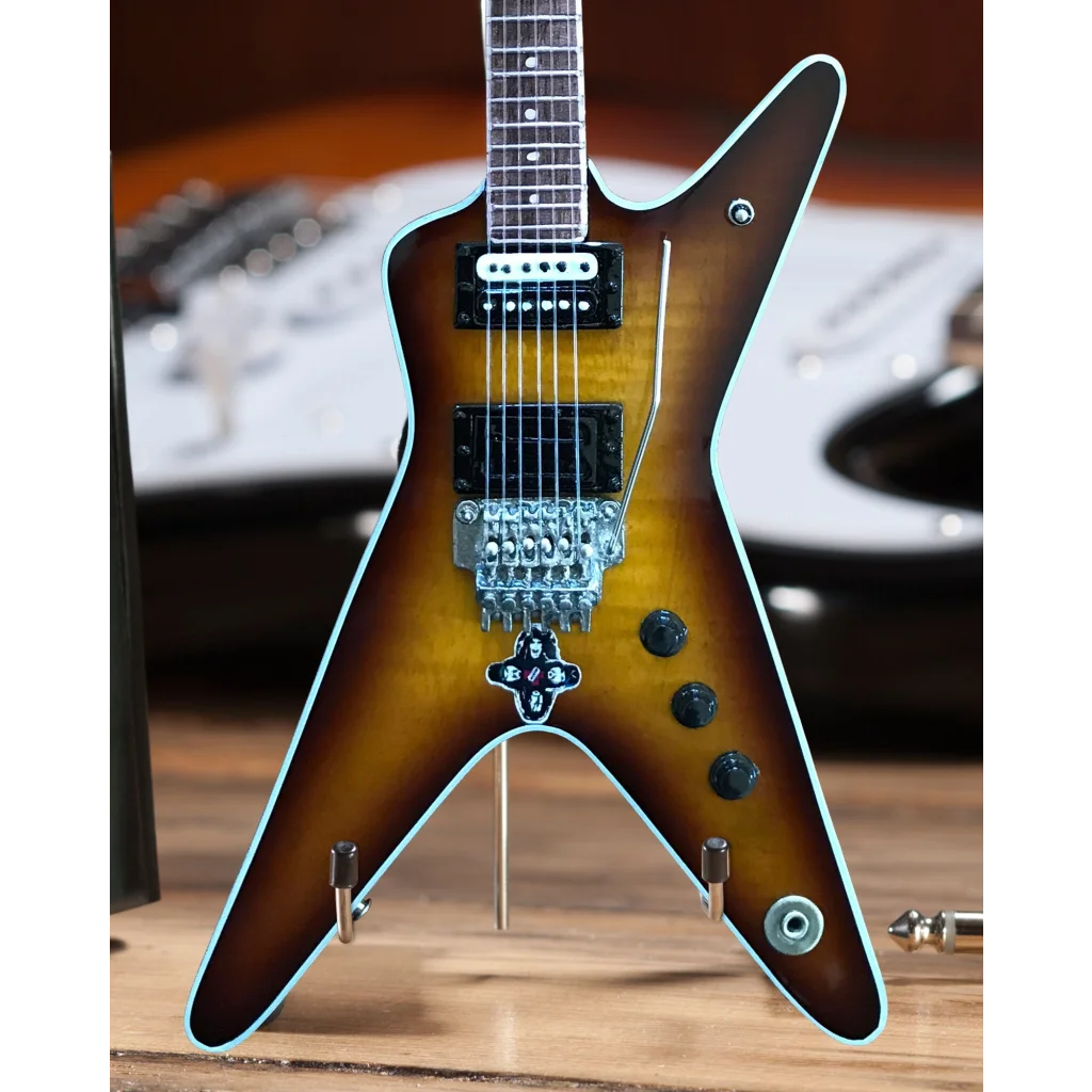 Dean Dimebag mini guitar by Axe Heaven on acrylic stand