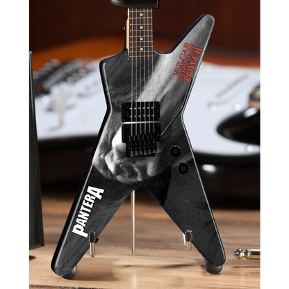 Black and white Dean Dimebag mini guitar by Axe Heaven® with red neck text