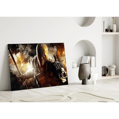 Deathstroke in black gold armor on fiery wall art canvas print