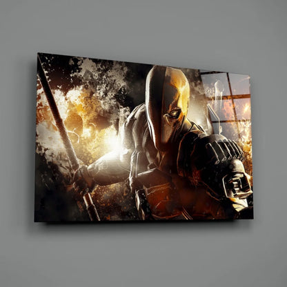 Deathstroke in black gold armor with weapon on explosive canvas wall art