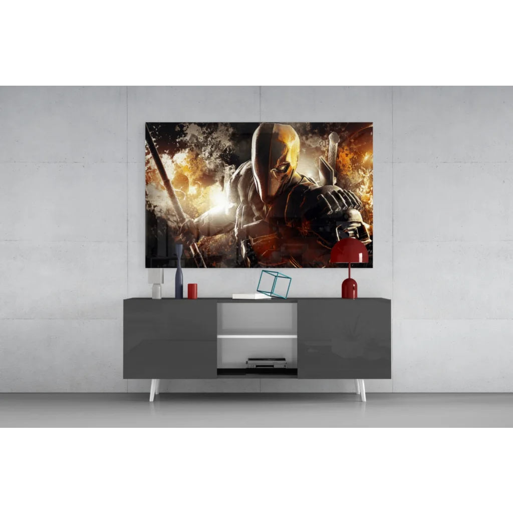 Deathstroke in dark armored suit with gold accents, sword, explosive background wall art