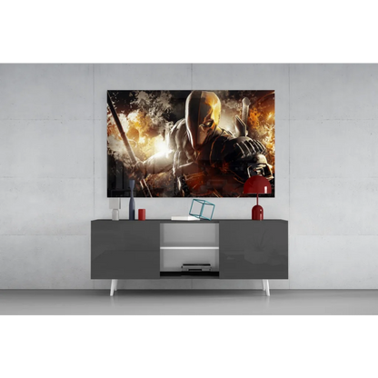 Deathstroke in dark armored suit with gold accents, sword, explosive background wall art