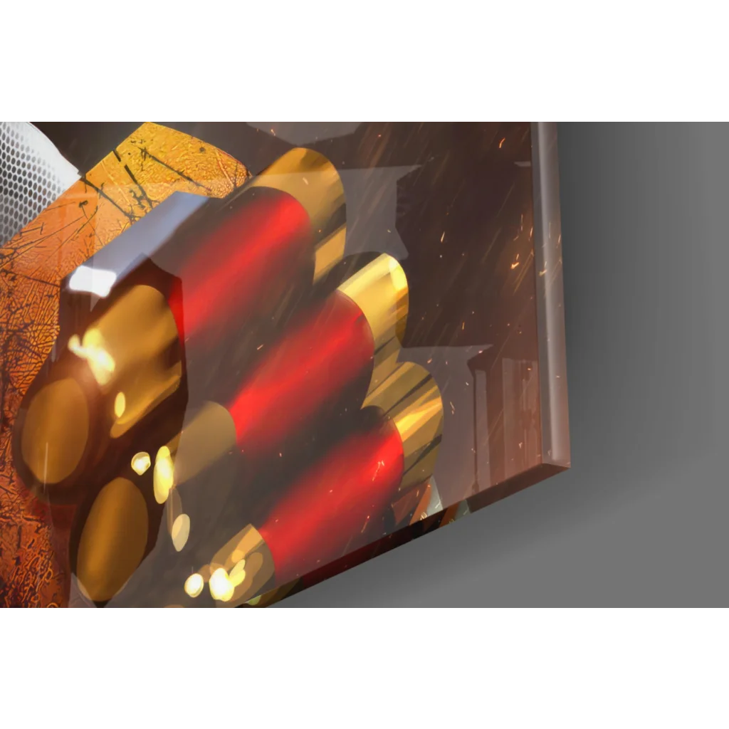 Deathstroke glass wall art with red gold shotgun shells cluster