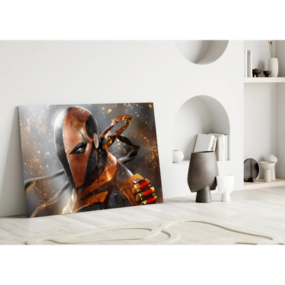 Deathstroke glass wall art with fiery orange battle armor mask