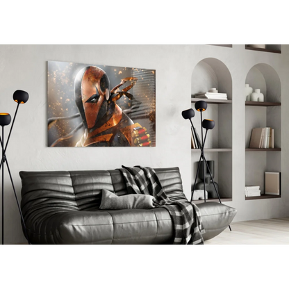 Deathstroke glass wall art canvas in fiery orange battle armor
