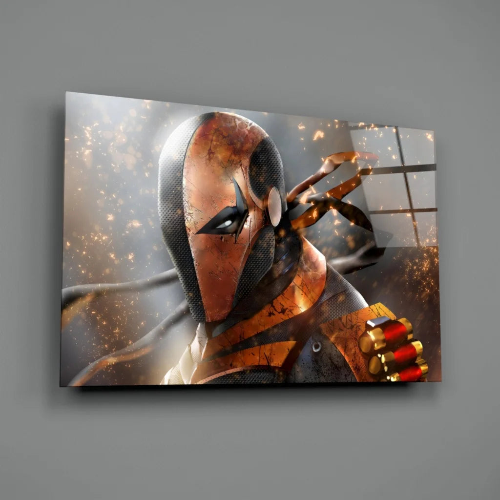 Deathstroke glass wall art with fiery orange battle armor