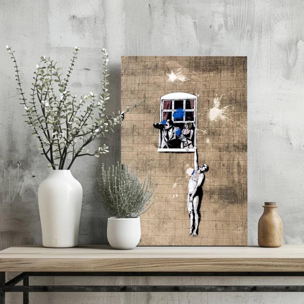 Banksy window stencil on insigne aluminum print with blue sparks