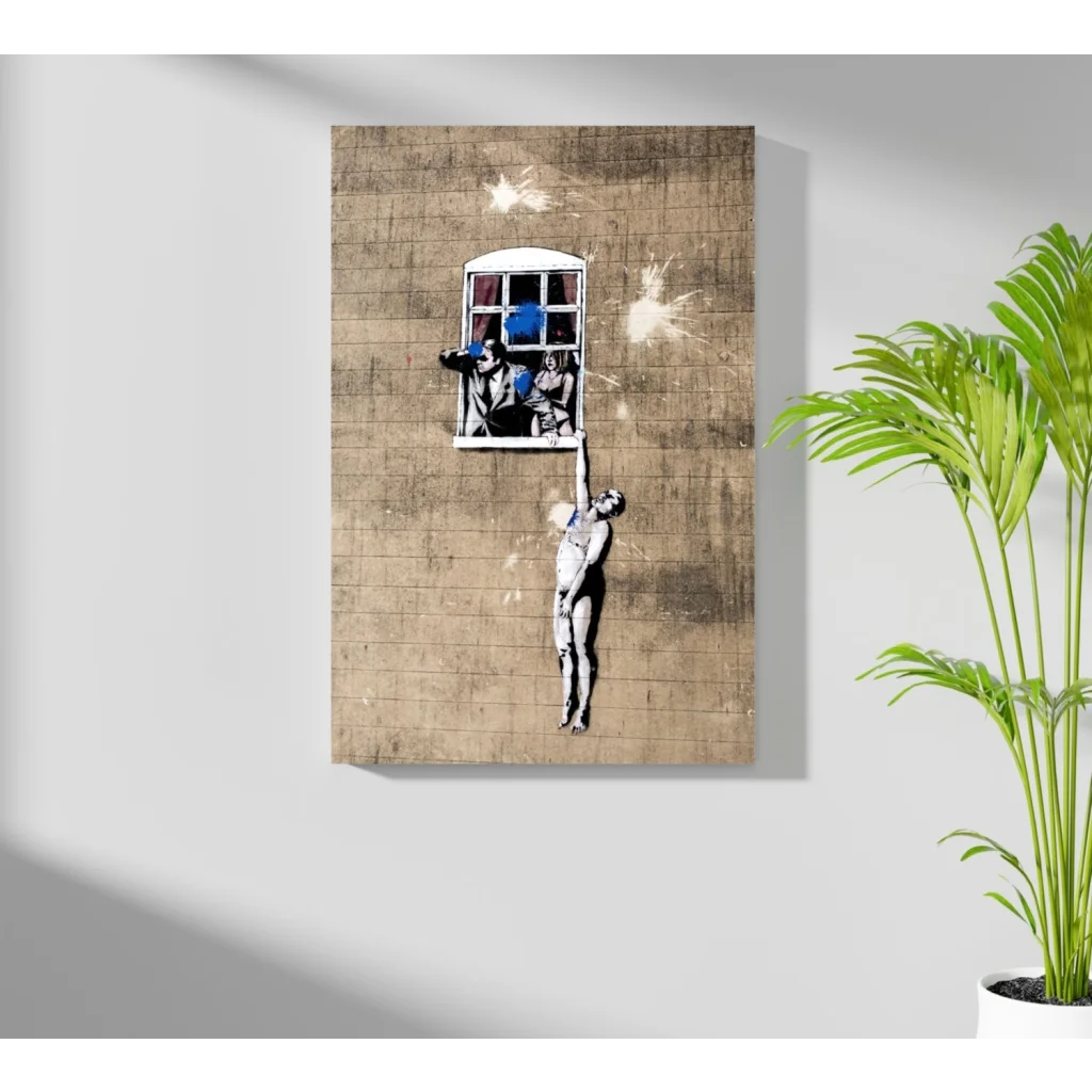 Banksy street art insigne aluminum print of figure hanging from window