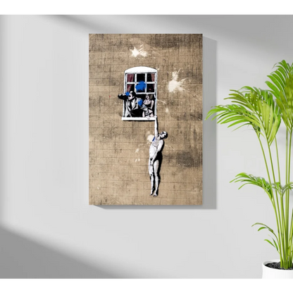 Banksy street art insigne aluminum print of figure hanging from window