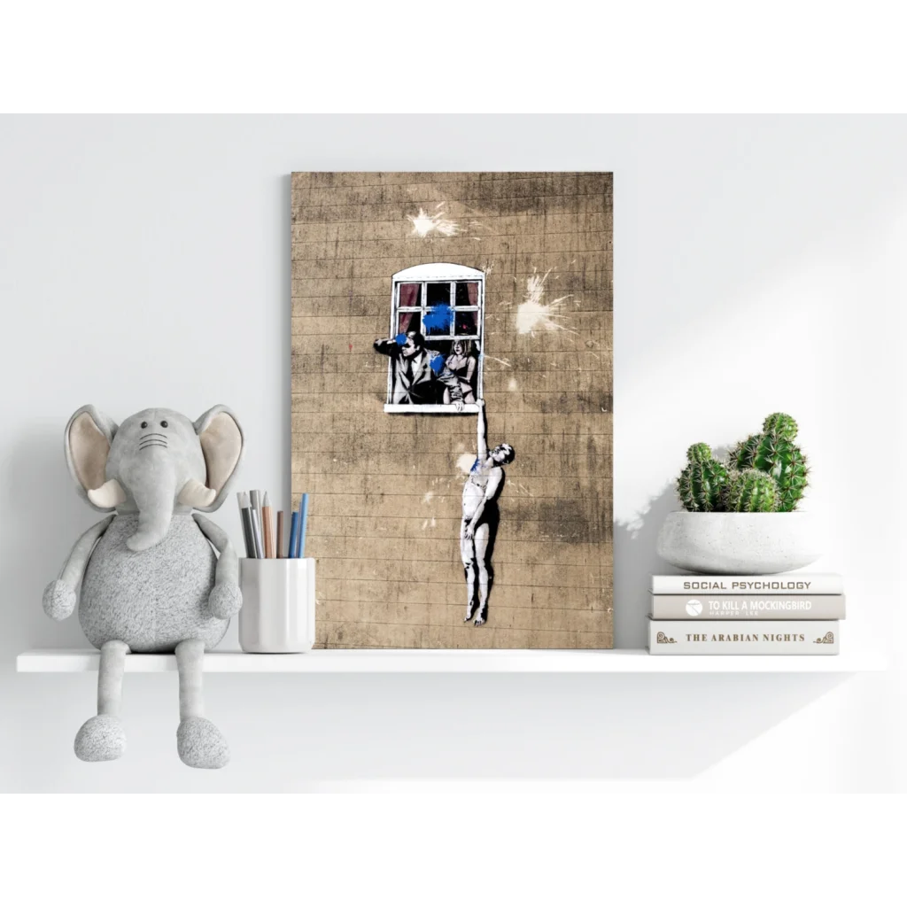 Banksy-style figure reaching for fireworks on insigne aluminum print