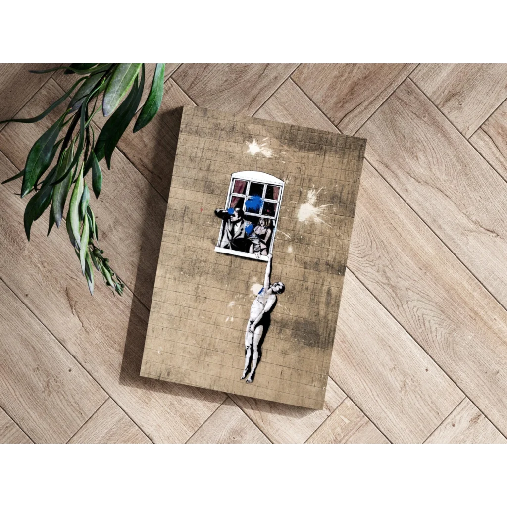 Banksy street art on insigne aluminum print: figure reaching to window