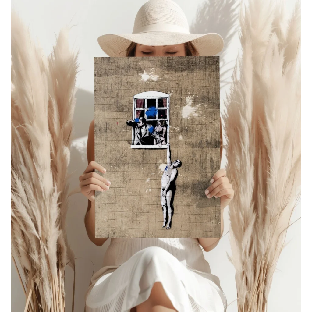 Banksy street art on insigne aluminum print, figures in window with blue spray paint