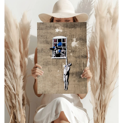 Banksy street art on insigne aluminum print, figures in window with blue spray paint