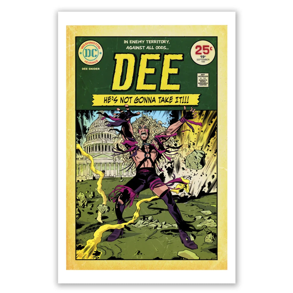 Dee Snider comic book cover with explosion and Capitol background in Snider commemorative collection